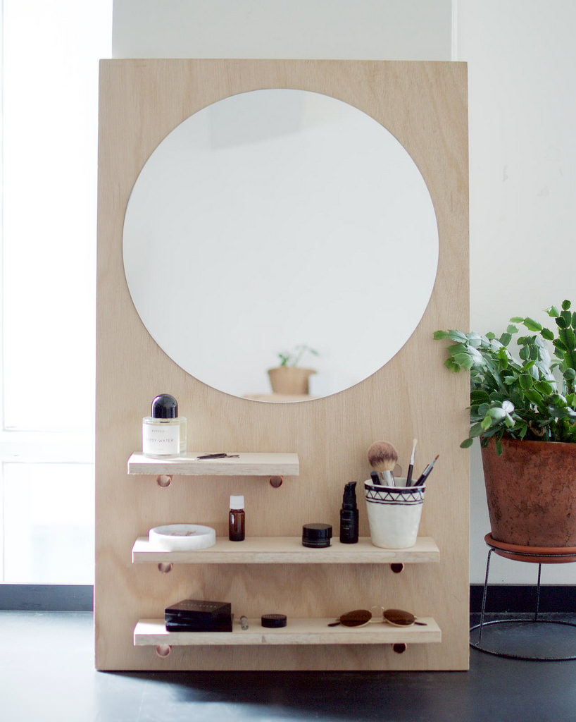 DIY bedroom mirror with shelves