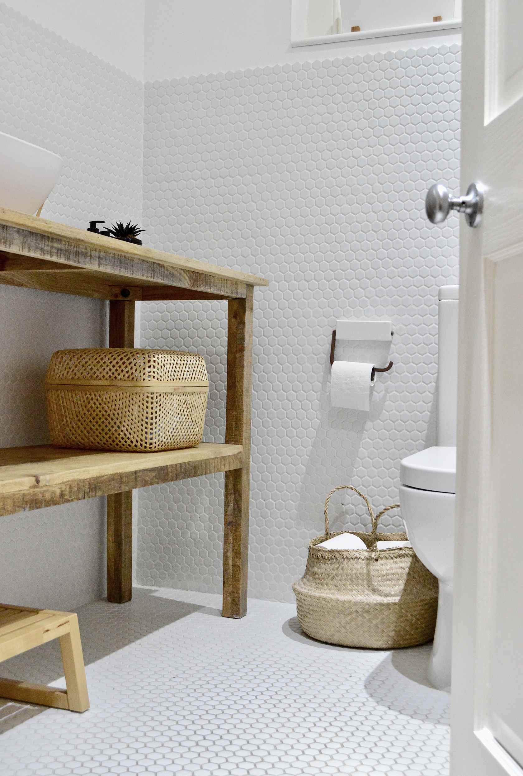 white hexagon tile bathroom decor