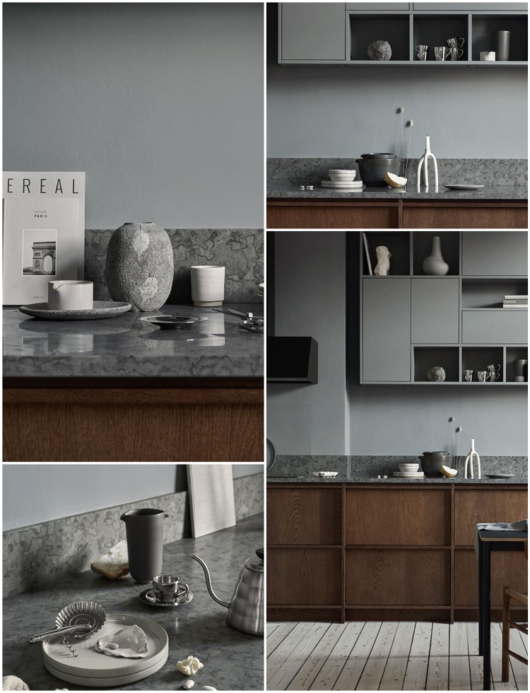 minimal grey and dark wood kitchen