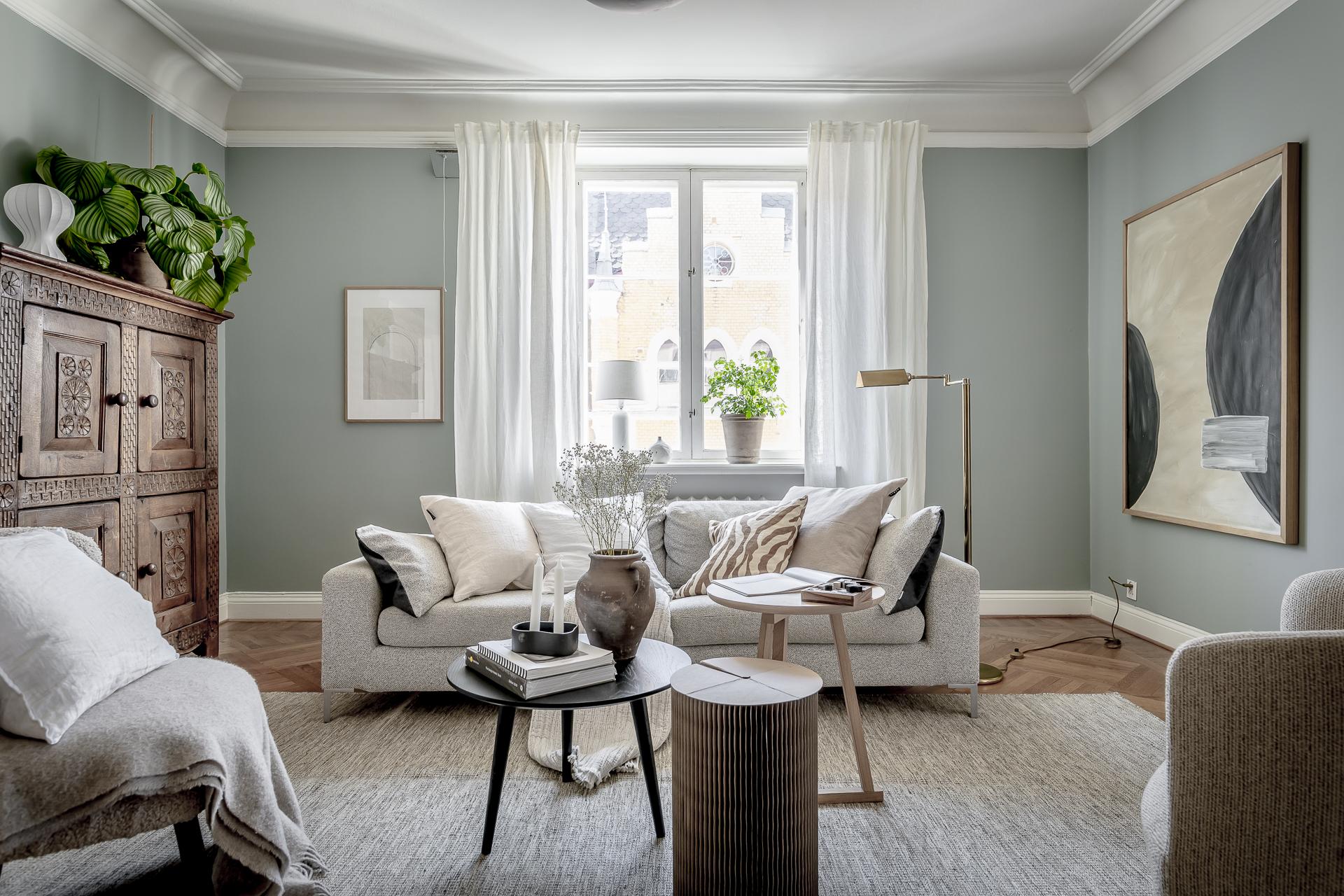 blue green Scandinavian living room