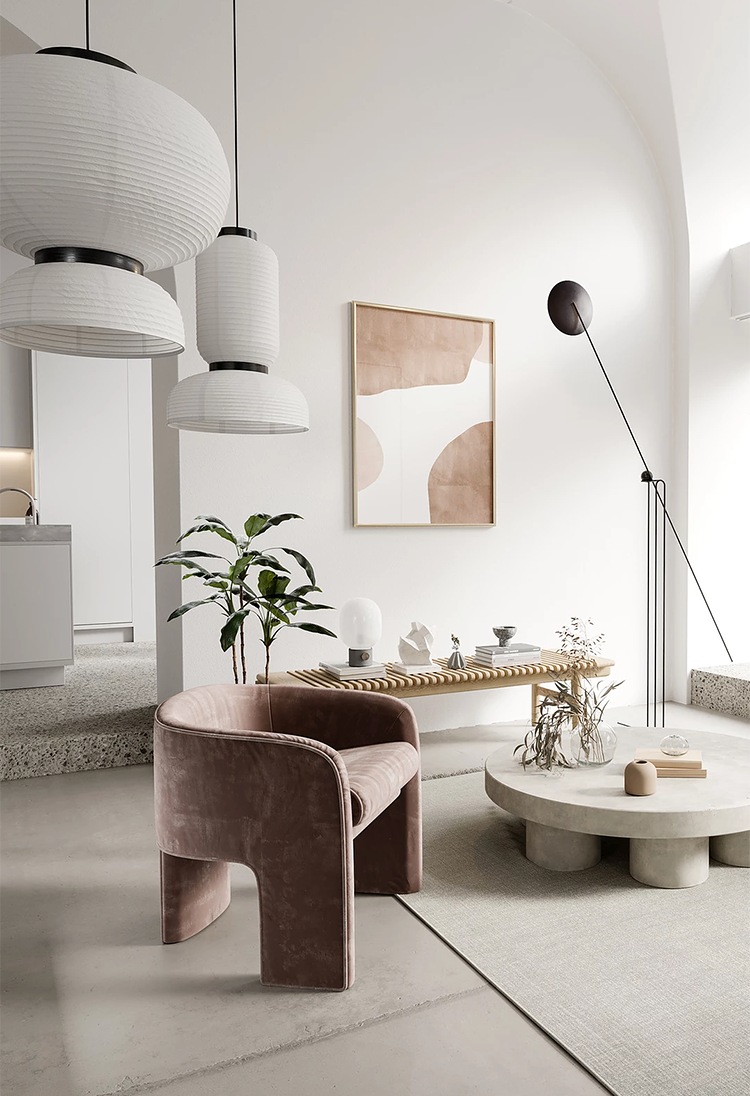 minimalist white and beige living room