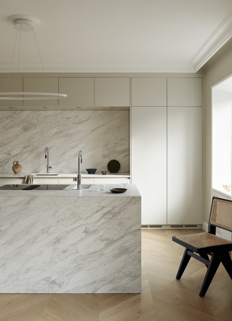 off white kitchen with marble